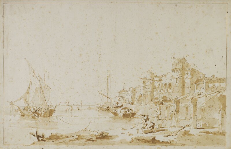 Francesco Guardi, ‘An Imaginary View of a Venetian Lagoon, with a Fortress by the Shore’, 1750-1755, Pen and brown ink, brown wash, and little traces of underdrawing in black chalk, J. Paul Getty Museum