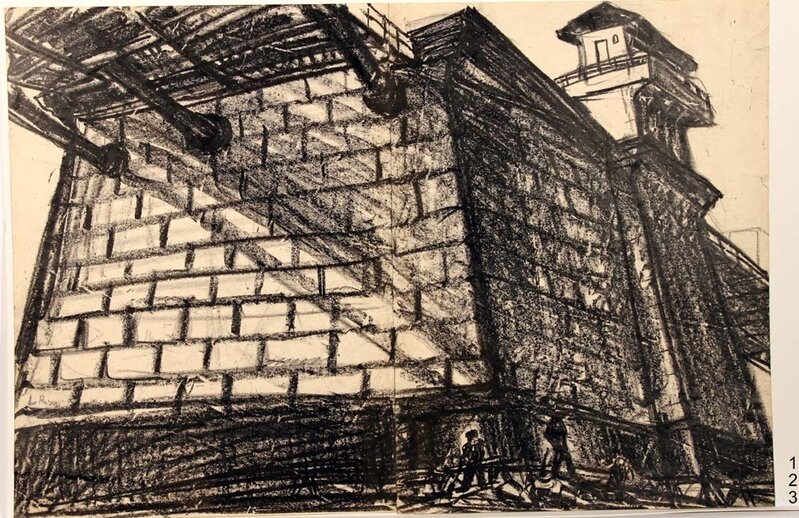 Leonard Rosenfeld, ‘123, Laborers at the Foot of the Williamsburg bridge’, 1957, Drawing, Collage or other Work on Paper, Black Charcoal, Denise Bibro Fine Art