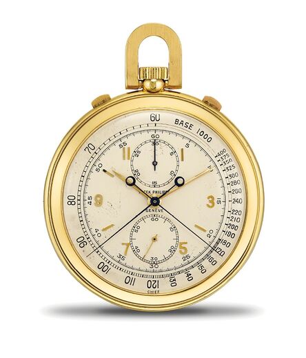 Patek Philippe, ‘A very fine and rare yellow gold open face split-seconds chronograph pocket watch with vertically positioned subsidiary dials and presentation box’, 1952