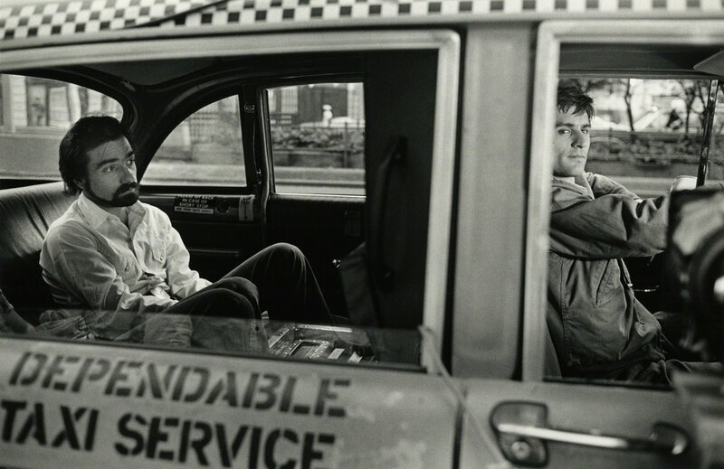 Steve Schapiro, ‘Martin Scorsese in the Back of DeNiro's Cab during Filming of Taxi Driver, New York’, 1975, Photography, Gelatin silver print; printed later, Howard Greenberg Gallery