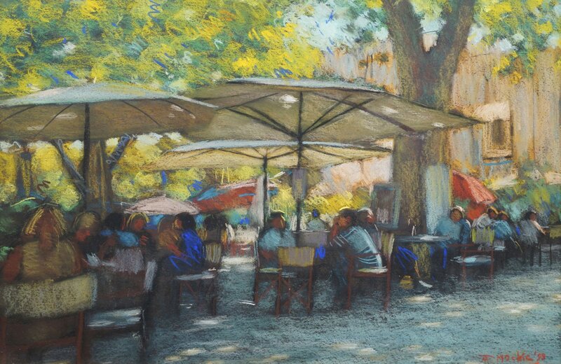 John Mackie, ‘European café street scene’, Drawing, Collage or other Work on Paper, Pastel, Roseberys