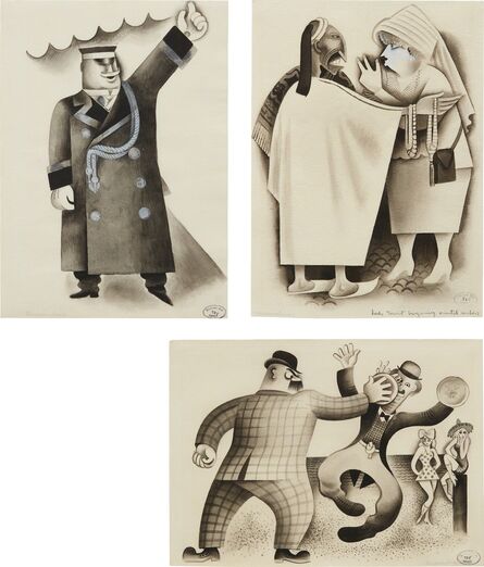 Miguel Covarrubias, ‘Three works: i) Park Avenue Doorman – Taxi ii) Lady Tourist Bargaining Oriental Amber iii) Confrontation - Pie in the Face’