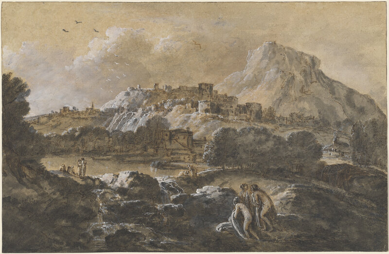 Francesco Zuccarelli, ‘Mountainous River Landscape with Bathers’, Drawing, Collage or other Work on Paper, Pen and brown ink with black and brown wash over black chalk, heightened with white gouache on tan laid paper, National Gallery of Art, Washington, D.C.