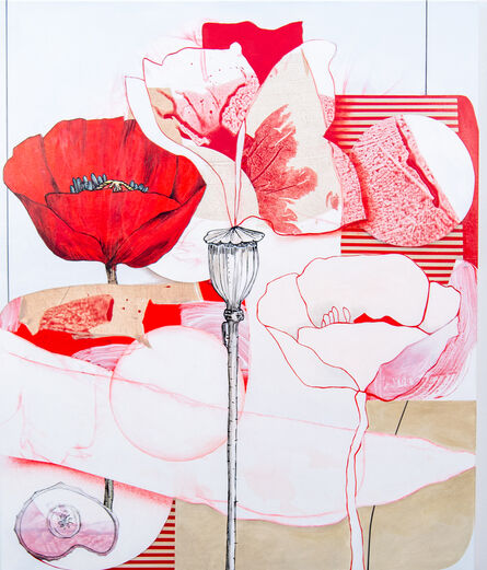 Fiona Ackerman, ‘Carmine - lively, narrative, overlapping botanicals, acrylic, oil on canvas’, 2021