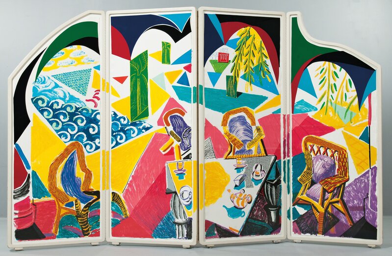 David Hockney, ‘Caribbean Tea Time’, 1985-7, Design/Decorative Art, Color lithograph with hand-coloring, and collage on eight sheets of TGL handmade paper, assembled together in a four-panel, folding, contoured, lacquered, and hand-painted wood floor screen, with four screenprinted plastic panels, Skinner