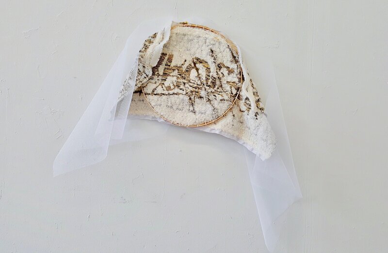 Kira Dominguez Hultgren, ‘CAPTCHA: Maiden Name VhQf3Y’, 2019, Textile Arts, Hoop, thread/yarn (metallic, cotton, acrylic, wool), needle, net, Eleanor Harwood Gallery