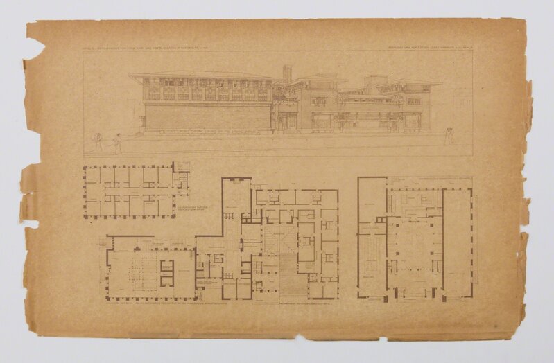 Frank Lloyd Wright, ‘Bank and office building for the City National Bank, Mason City, IA; Plate LI from the Wasmuth Portfolio’, 1910, Print, Lithography on tissue, Edward Cella Art and Architecture