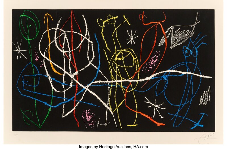 Joan Miró, ‘L'invitee du dimanche, au fond noir II’, 1969, Print, Etching in colors on Arches paper, Heritage Auctions