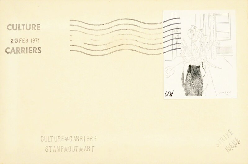David Hockney, ‘Tulips, from Culture Carriers Stamp Out Art’, 1971, Print, Lithograph on wove attached to franked envelope, Roseberys
