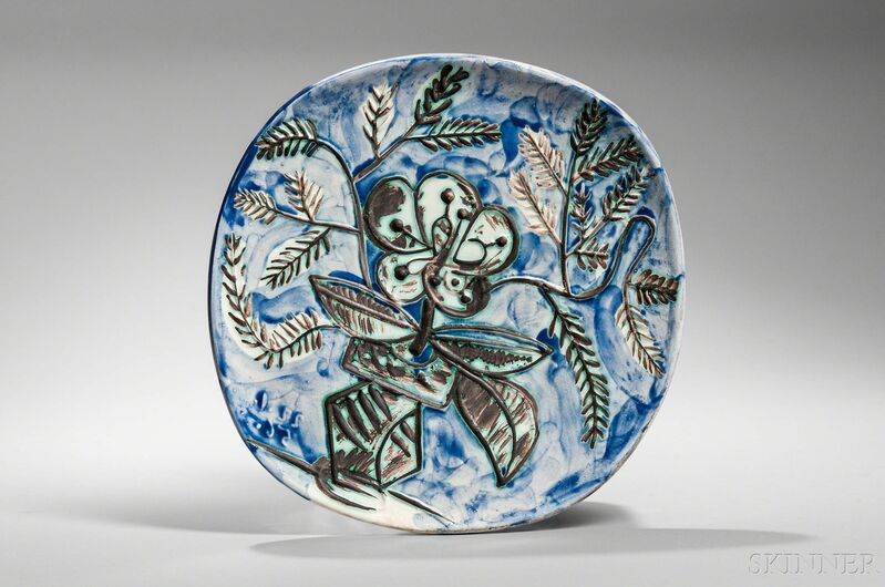 Pablo Picasso, ‘Vase with Bunch’, 1956, Design/Decorative Art, Squared round earthenware plate with engraving covered with oxidized paraffin underglaze in brown, blue, and green, Skinner