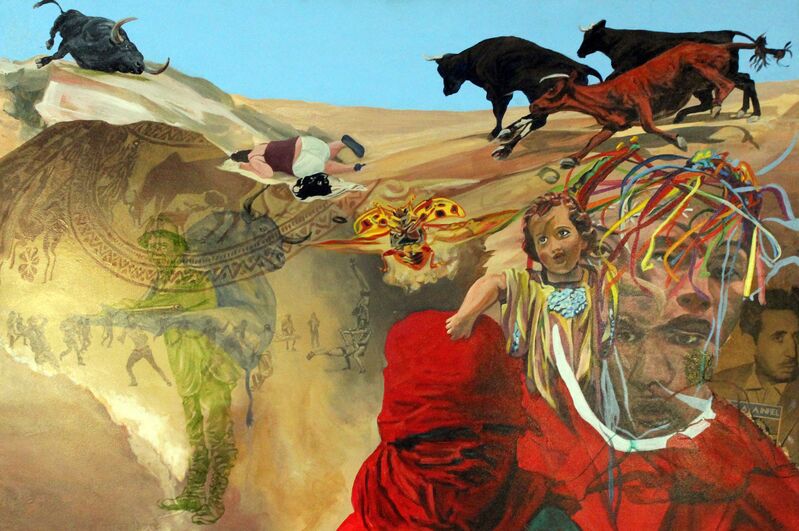 John Valadez, ‘Bull Slipt’, 2013, Acrylic and collage on canvas panel, Robert Berman Gallery