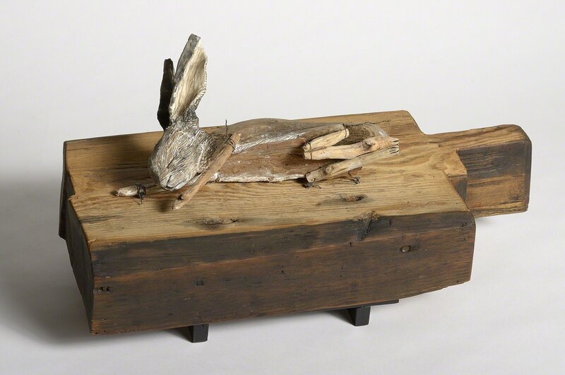 Elizabeth Jordan, ‘Rabbit on wood block, earth tone sculpture: 'The Tinder Box'’, 2011, Sculpture, Wood, watercolor, plaster, Ivy Brown Gallery