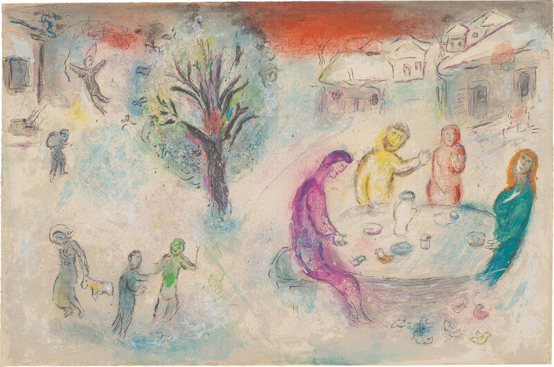 Marc Chagall, ‘Le Repas chez Dryas (The Meal at Drya's House), from Daphnis et Chloé (Daphnis and Chloé) (M. 334, C. 46)’, 1961, Print, Lithograph in colours, on Arches paper folded (as issued), the full sheet., Phillips