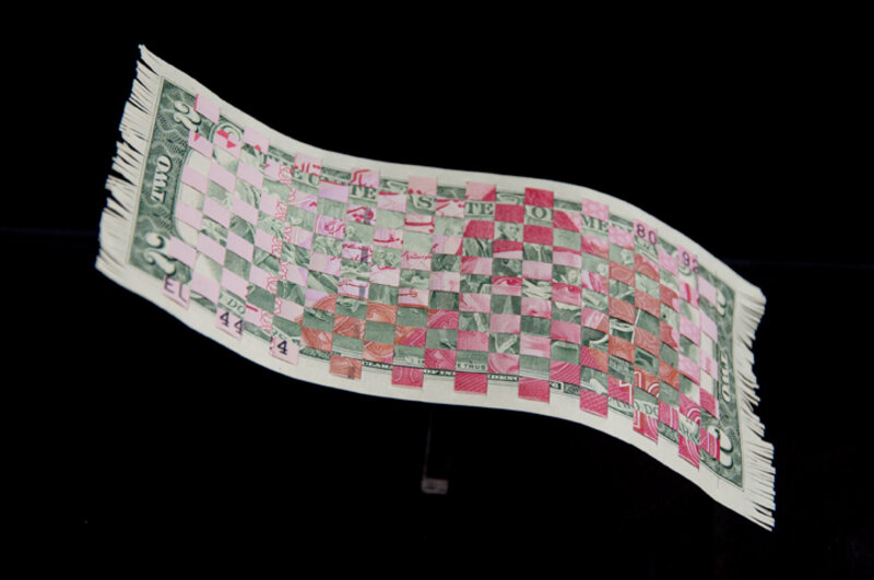 Abdullah  M. I. Syed, ‘Weaving Myth III (Flying Rug Series)’, 2013, Textile Arts, Hand-cut and weaved U.S $2 bill and 100 Pakistani Rupee with custom Perspex vitrine, Aicon Contemporary