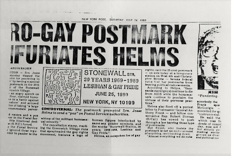 Keith Haring, ‘"1969 STONEWALL 1989", 1989, "Alternate Lifestyles of Famous People Out of The Closet" Envelope with Haring FIRST DAY Gay Pride Postmark’, 1989, Print, Mixed Media on Envelope, VINCE fine arts/ephemera