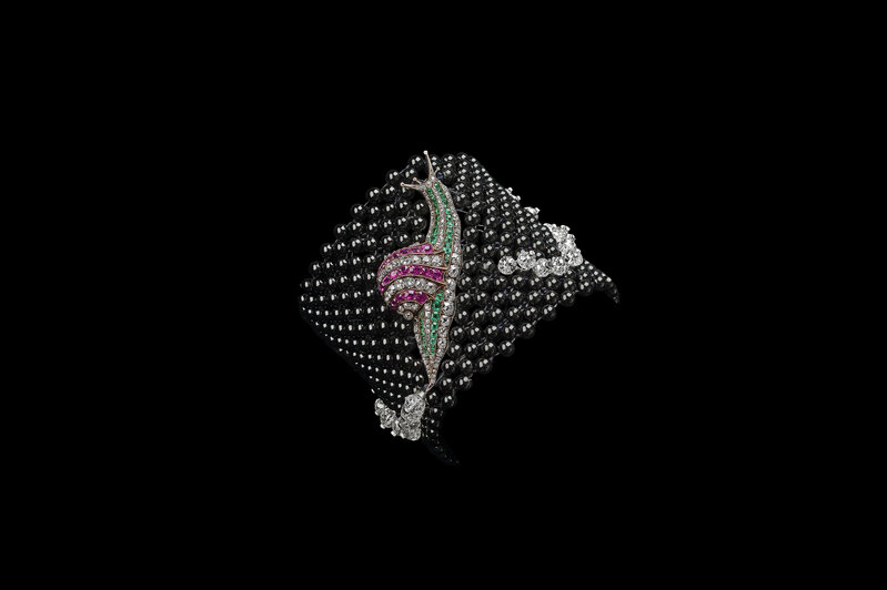 eliane fattal, ‘Snail Trail (cuff)’, 2018, Jewelry, Onyx, diamond and platinum with approx 33 carats of diamond briolettes, with a diamond, emerald and ruby snail, Eliane Fattal