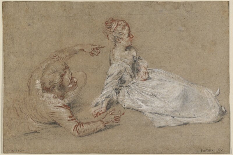 Jean-Antoine Watteau, ‘A Man Reclining and a Woman Seated on the Ground’, ca. 1716, Drawing, Collage or other Work on Paper, Red, black, and white chalk on brown laid paper, National Gallery of Art, Washington, D.C.
