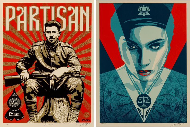 Shepard Fairey, ‘Partisan and Justice Woman (Red) (two works)’, 2013-2021, Print, Screenprints in colors on speckled cream paper, Heritage Auctions