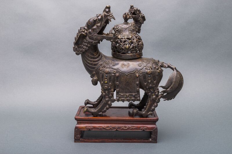 Bronze Sculpture, ‘A Patinated Bronze "Qilin" Incense Burner and Cover on Wooden Stand, Inlaid with Stones, Late Ming Dynasty, 26 cm(without stand).’, Sculpture, Arman Antiques Gallery