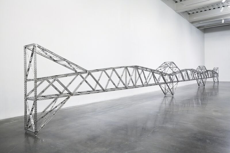 Chris Burden, ‘Triple 21 Foot Truss Bridge. Installation view, “Chris Burden: Extreme Measures” at New Museum, New York, 2013’, 2013, Sculpture, Stainless steel reproduction Mysto Type I Erector parts, New Museum