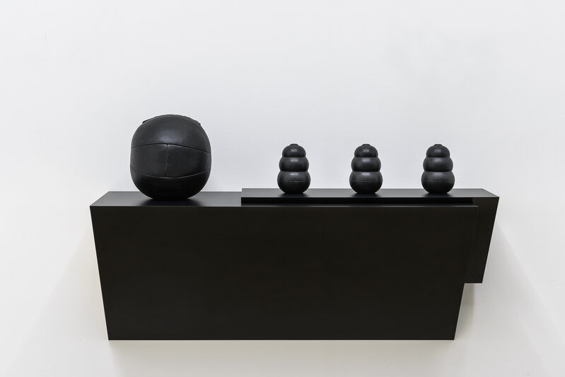 Haim Steinbach, ‘everlast kong III - 1’, 1990-2006, Sculpture, Plastic laminated wood shelf; leather medicine ball; 3 rubber dog chews, White Cube