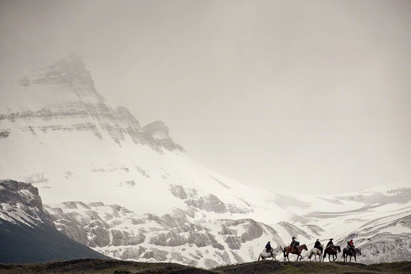 Jimmy Nelson, ‘III 193Parque National Los Glaciares, Cerro Pietrobelli, Patagonia Argentina - Gauchos, Argentina’, 2010, Photography, Chromogenic print, mounted on aluminium in nut wood frames behind museum glass., WILLAS contemporary