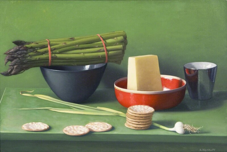 Amy Weiskopf, ‘Still Life with Asparagus, Pecorino and Crackers’, 2015, Painting, Oil on linen, Clark Gallery