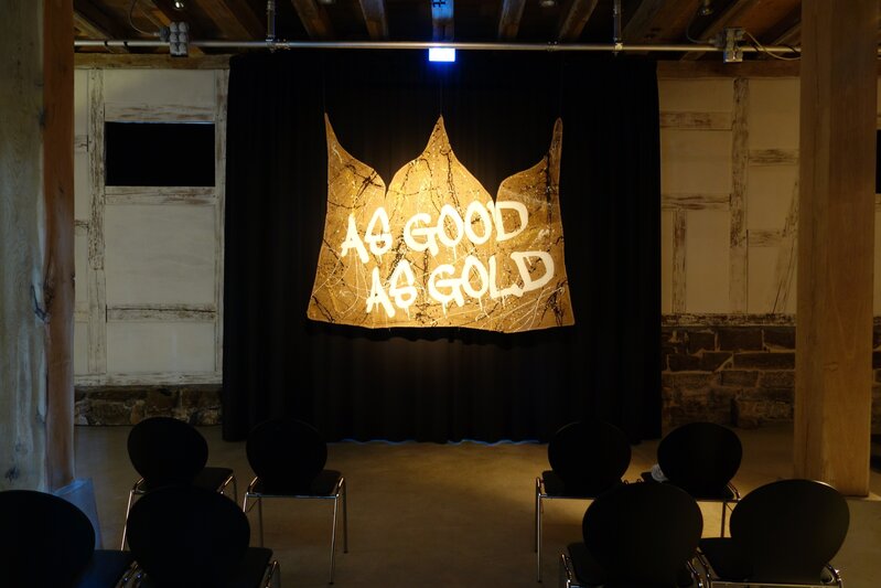 Apparatus 22, ‘AS GOOD AS GOLD (triptych)’, 2014, Painting, Hemp fabric, iron wire, leather strings, acrylic paint, glitter, Kilobase