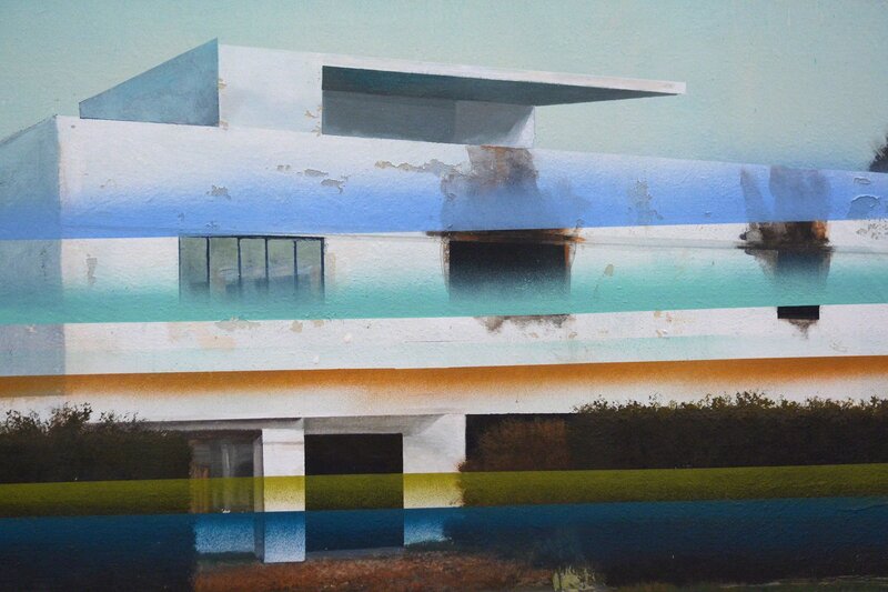 Peter Hoffer, ‘Bauhaus No 02 - large, blue, green, architecture, deconstruction, mixed media’, 2015, Painting, Pigment, Silicate and Clay on Linen, Oeno Gallery