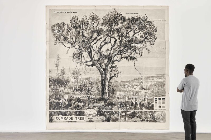William Kentridge, ‘Drawing from Waiting for the Sibyl (Comrade Tree, I report to you)’, 2020, Drawing, Collage or other Work on Paper, Ink wash, red pencil and collage on hemp and sisal fiber Phumani handmade paper, mounted on raw cotton, Goodman Gallery