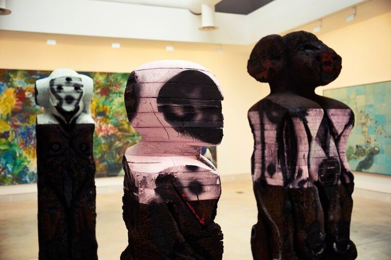 Huma Bhabha, ‘"With Blows," "With Words," and "Mechanic" (Installation View)’, 2015, Sculpture, 3 Sculptures: cork, styrofoam, cardboard, acrylic paint, oil stick, nail polish, wood, 56th Venice Biennale