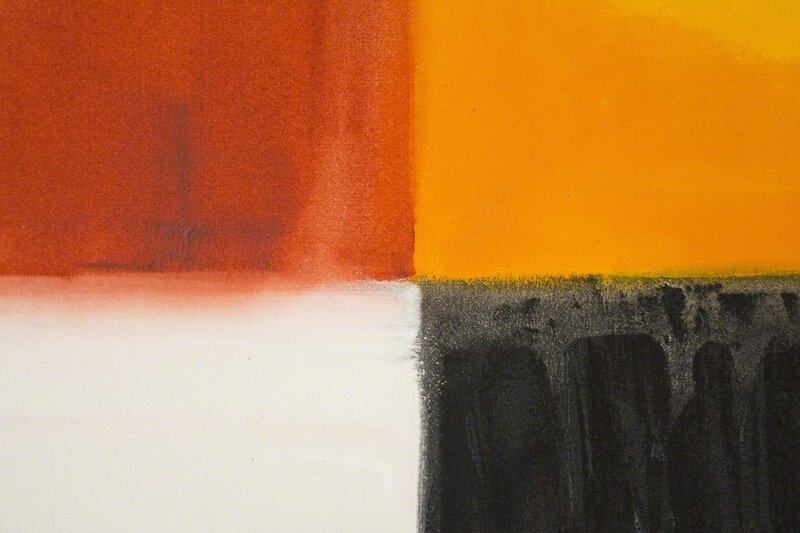 Milly Ristvedt, ‘Act of Silence - grids of black, white, orange, red, abstract, acrylic on canvas’, 1995, Painting, Acrylic on canvas, Oeno Gallery