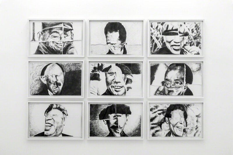 Vedovamazzei, ‘Nine smiling communists “Una risata e venti milioni di morti”’, 2007, Carchoal on paper, wood, glass, Umberto Di Marino