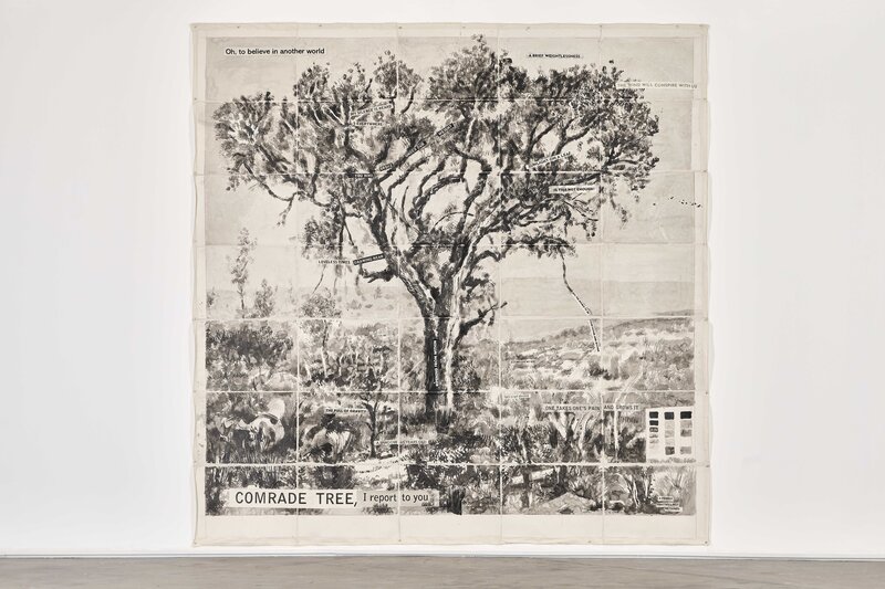 William Kentridge, ‘Drawing from Waiting for the Sibyl (Comrade Tree, I report to you)’, 2020, Drawing, Collage or other Work on Paper, Ink wash, red pencil and collage on hemp and sisal fiber Phumani handmade paper, mounted on raw cotton, Goodman Gallery