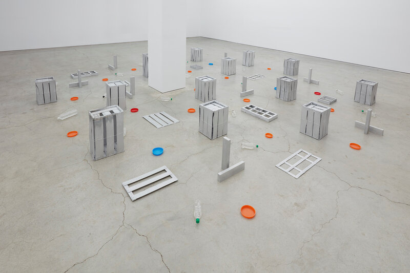 Tony Feher, ‘Maybe’, 2001, Installation, Wood and metal produce crates, 2x4" wood blocks, aluminum paint, clear plastic beverage bottles with colored caps, and plastic pipe caps, Sikkema Jenkins & Co.