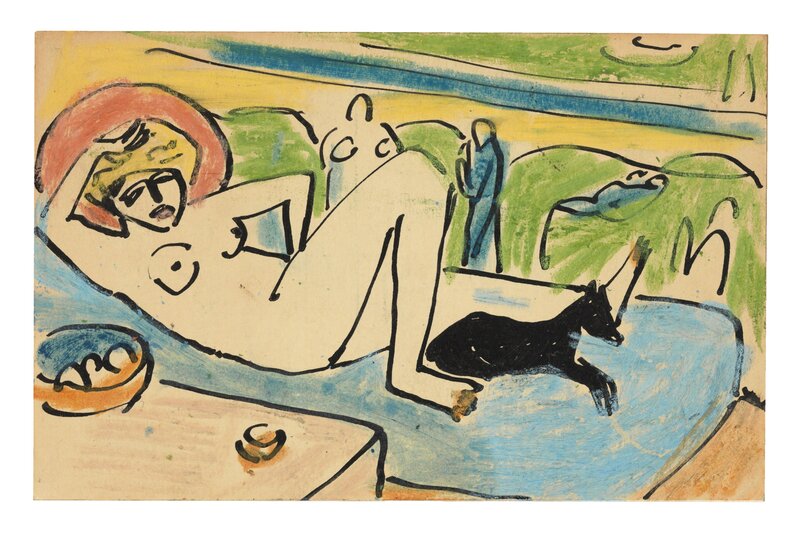 Erich Heckel, ‘Liegender weiblicher Akt mit Hund’, ca. 1911, Drawing, Collage or other Work on Paper, Indian ink and coloured crayon on blank postcard, Ludorff