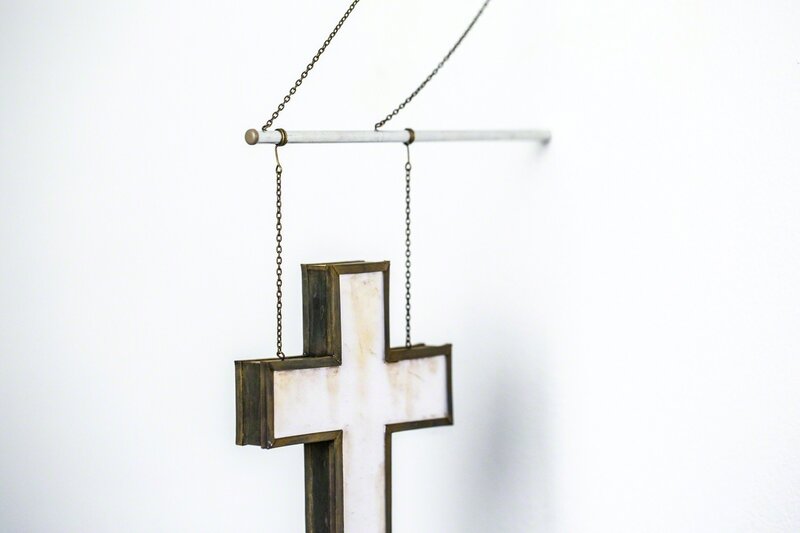 Drew Leshko, ‘Hanging Cross Sign’, 2017, Sculpture, Paper, enamel, pastel, chain, wire, tubing, Paradigm Gallery + Studio