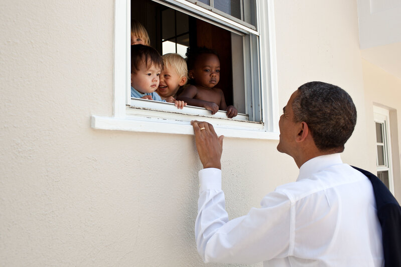 Pete Souza, ‘Barack Obama greets children at a day care facility adjacent to daughter Sasha's school’, 2011, Photography, Archival Pigment Print, CAMERA WORK