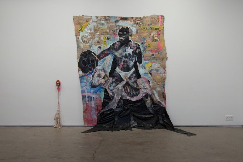 Lavar Munroe, ‘Protect Serve’, 2012, Painting, Acrylic, Spray Paint, Latex house paint, trash bags, duct tape, caution tape from crime scene, cardboard, cloth, rope, doll head on cut canvas, Larkin Durey