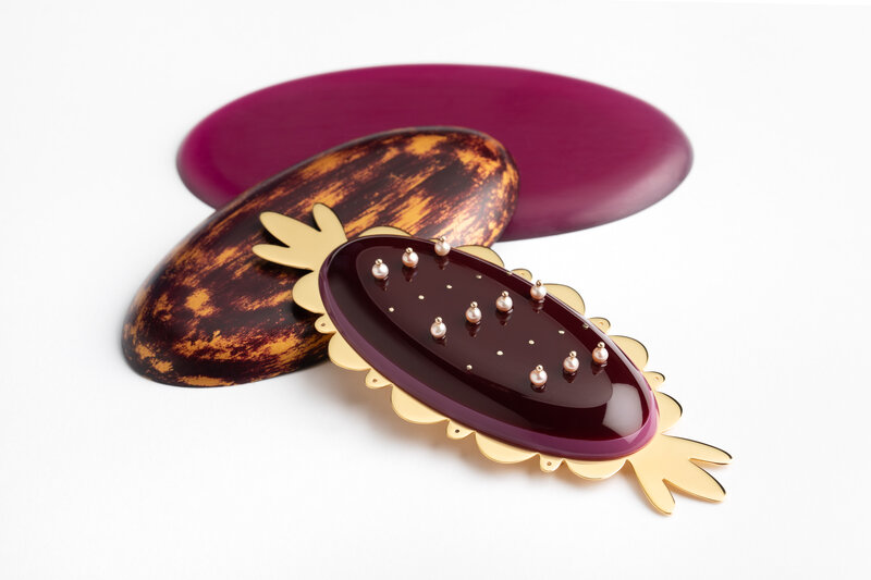 Ella Fearon-Low, ‘Plum Queen Brooch and Cake Stack’, 2022, Jewelry, 22ct gold vermeil on sterling silver, 9ct gold, steel double pin, hand carved Lucite, pink fresh water pearls, carved wood, paint., Design-Nation