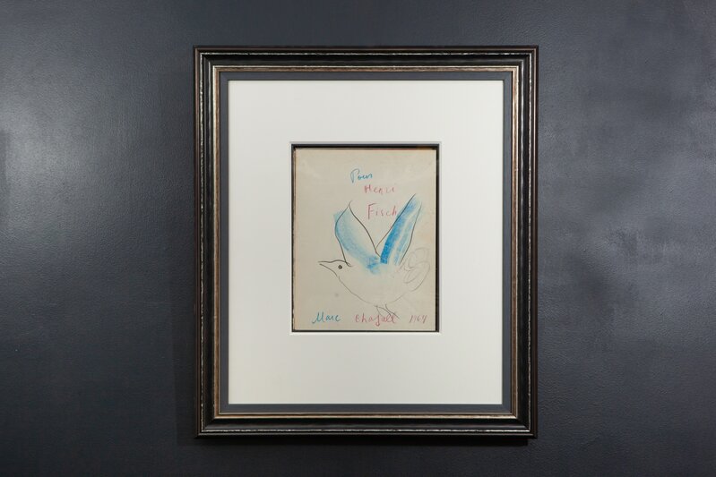 Marc Chagall, ‘L’oiseau Bleu (Blue Bird)’, 1964, Drawing, Collage or other Work on Paper, Original drawing on the flyleaf of ‘Chagall Das Graphische Werk’ book, red and blue pastel with black crayon on paper, signed and dated by the artist. Framed in a removable perspex case so that the book can be read., The Drang Gallery