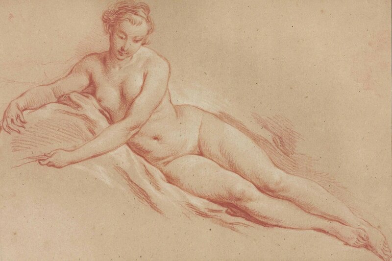 François Boucher, ‘A reclining female nude’, Drawing, Collage or other Work on Paper, Red and white chalk counterproof, Christie's Old Masters 