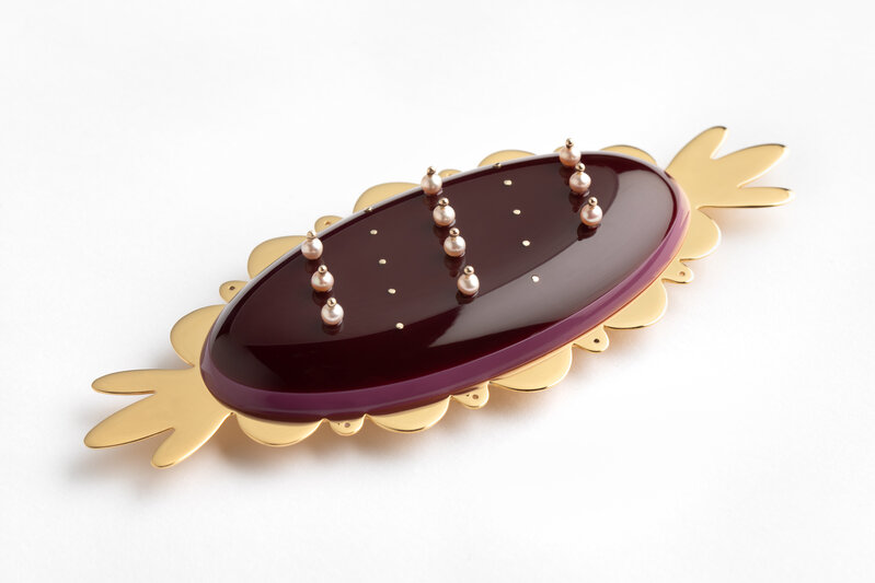 Ella Fearon-Low, ‘Plum Queen Brooch and Cake Stack’, 2022, Jewelry, 22ct gold vermeil on sterling silver, 9ct gold, steel double pin, hand carved Lucite, pink fresh water pearls, carved wood, paint., Design-Nation