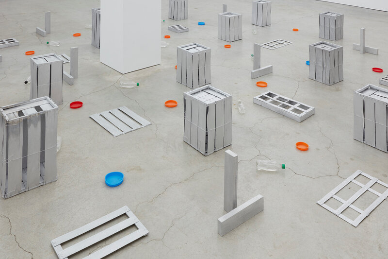 Tony Feher, ‘Maybe’, 2001, Installation, Wood and metal produce crates, 2x4" wood blocks, aluminum paint, clear plastic beverage bottles with colored caps, and plastic pipe caps, Sikkema Jenkins & Co.