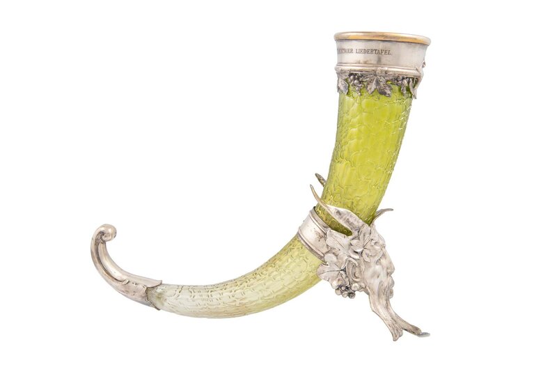 Loetz, ‘Loetz Cornucopia Creta Chiné Bohemia ca. 1897Silver-plated pewter with Faun and Grapes’, ca. 1897, Design/Decorative Art, Silvered tinn and glass, Kunsthandel Kolhammer