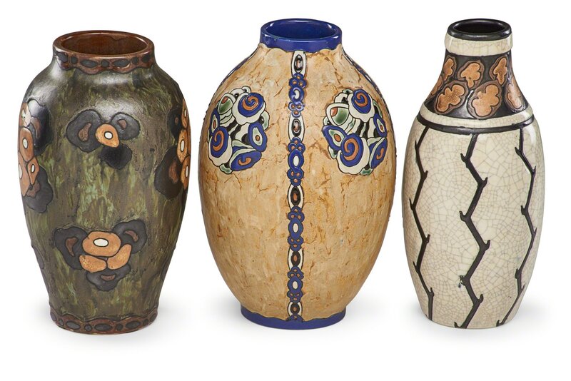 Charles Catteau, ‘Three Art Deco Grès Keramis vases with stylized flowers and plants’, Design/Decorative Art, Glazed stoneware, Belgium, Rago/Wright/LAMA/Toomey & Co.