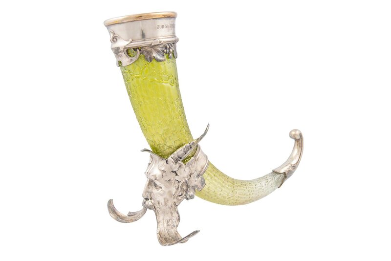 Loetz, ‘Loetz Cornucopia Creta Chiné Bohemia ca. 1897Silver-plated pewter with Faun and Grapes’, ca. 1897, Design/Decorative Art, Silvered tinn and glass, Kunsthandel Kolhammer