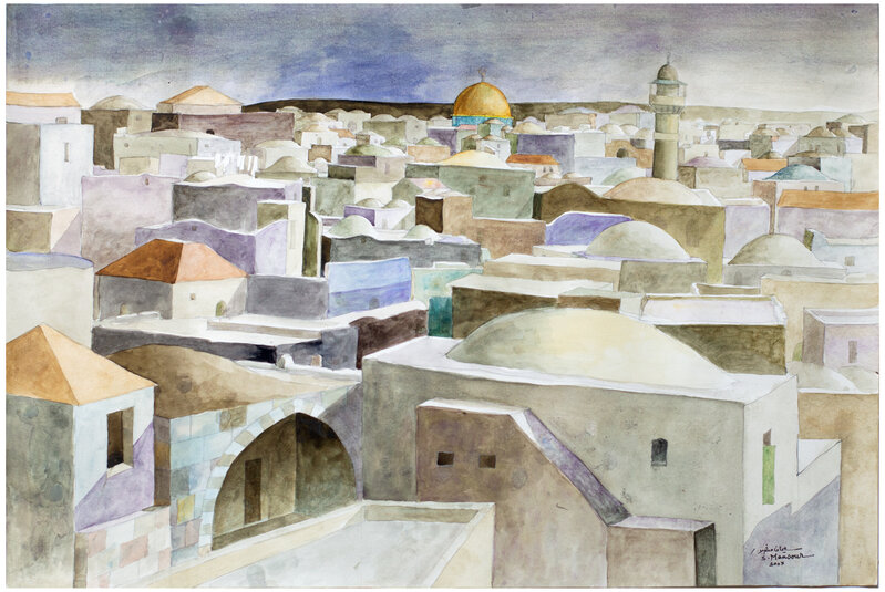 Sliman Mansour, ‘Jerusalem Rooftops’, 2007, Drawing, Collage or other Work on Paper, Watercolor on paper, Zawyeh Gallery
