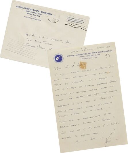 Neil Armstrong, ‘AUTOGRAPH LETTER SIGNED ("NEIL"). 1 PAGE (8 BY 5¼ INCHES). LUNAR RECEIVING LABORATORY, NASA MANNED SPACECRAFT CENTER, HOUSTON, TEXAS, AUGUST 2, 1969, TO TED & LANE BENNETT IN KANSAS.’