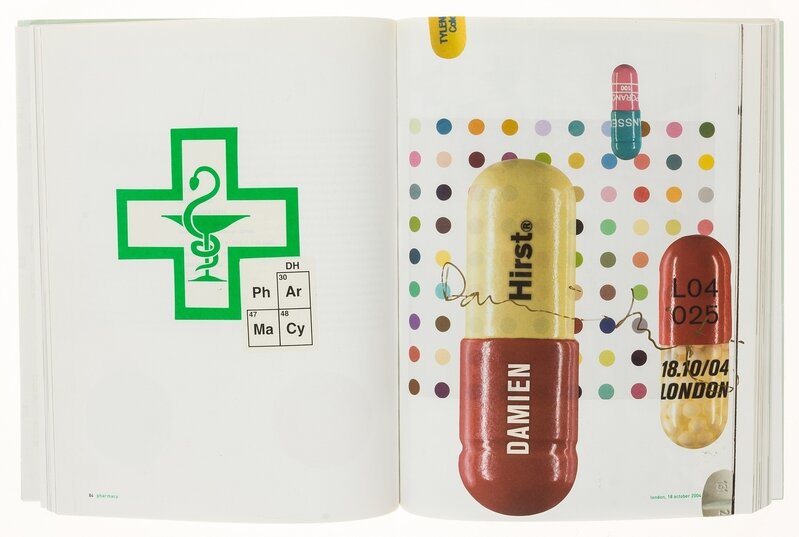 Damien Hirst, ‘Damien Hirst's Pharmacy, Sotheby's London, 18 October 2004, Sale Catalogue’, 2004, Books and Portfolios, The auction catalogue with unique hand applied sticker collage by the artist on the front and back covers and on two of the interior pages, Forum Auctions